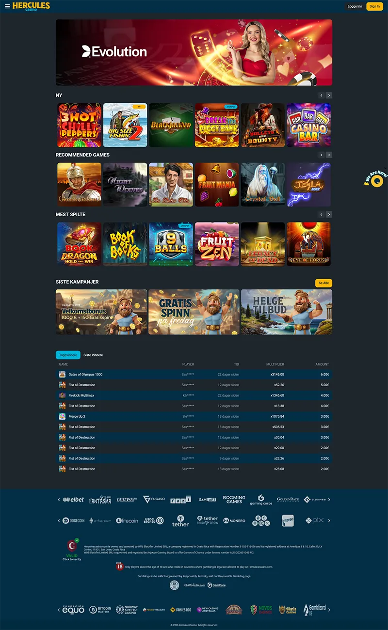 Optimalisert mobilversjon av Hercules Casino-nettstedet