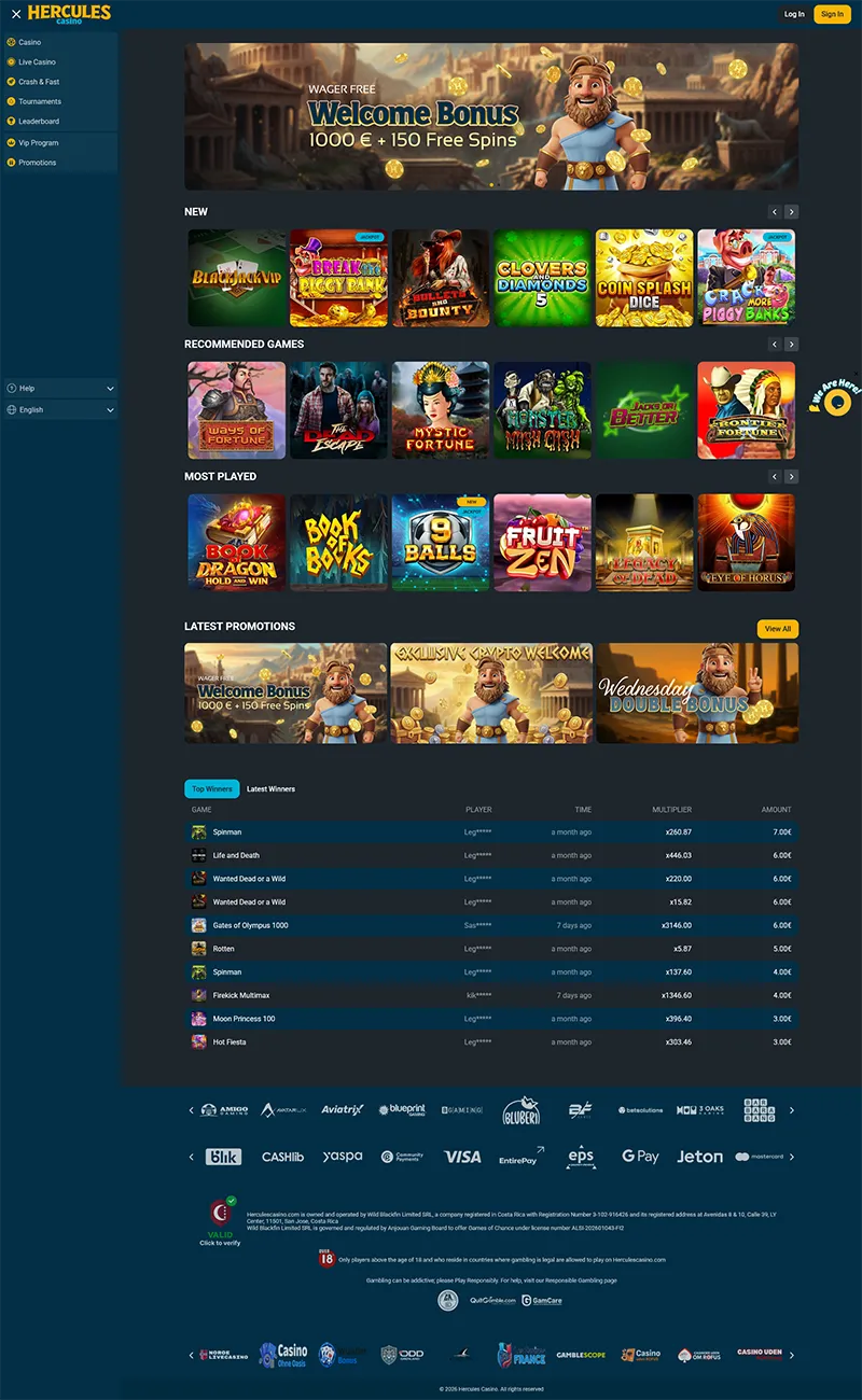 Optimised mobile version of the Hercules Casinowebsite