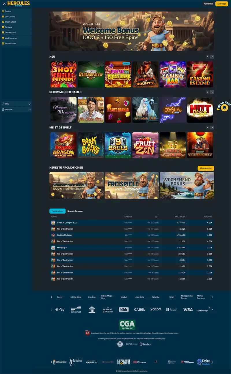 Übersicht der Hercules Casino-Hauptseite