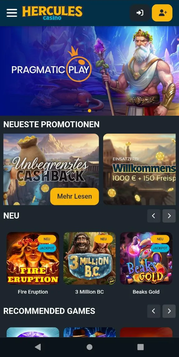 Mobile Version der Hercules Casino-Startseite