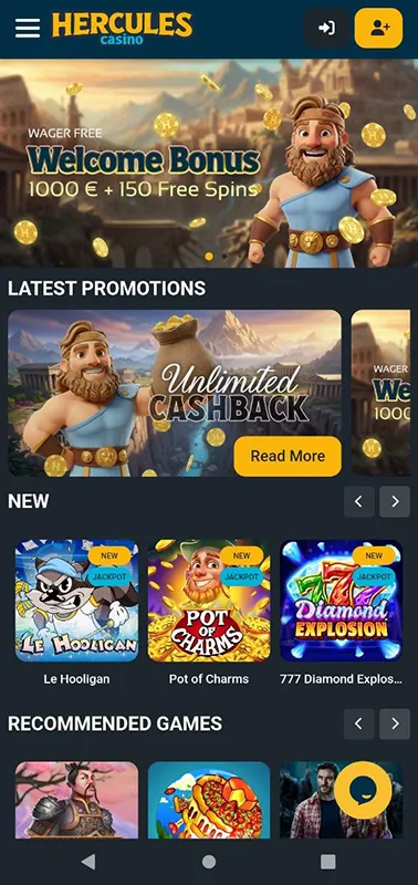 Mobile version of Hercules Casino– Optimised homepage