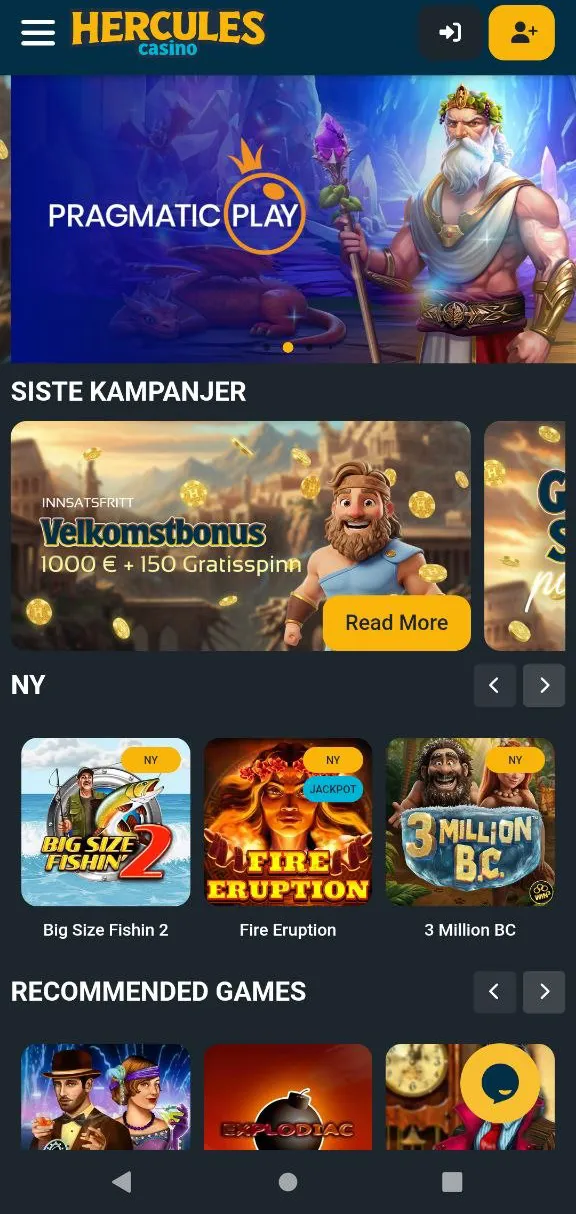 Mobilversjon av Hercules Casino – optimalisert hjemmeside