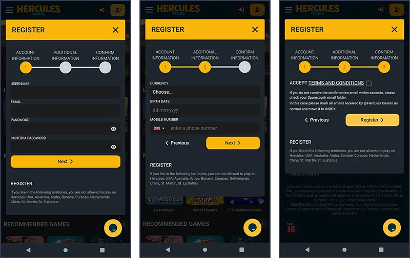Quickly create a Hercules Casinoaccount for new players