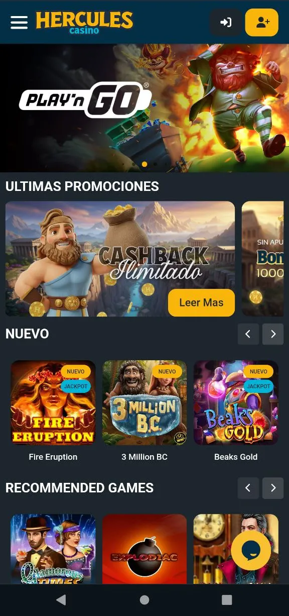 Versión móvil de Hercules Casino – página de inicio optimizada